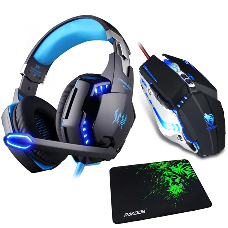 three item combo Kotion EACH G2000 игровая гарнитура глубокий бас стерео игровые наушники с микрофоном светодиодный светильник для ПК ноутбука+ игровая мышь+ коврик для мыши - Цвет: three item combo
