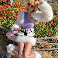 e girl furry fur skirts stitching sweet faux fur mini skirt kawaii harajuku sweet cute womens outfits bottoms skirt y2k suits