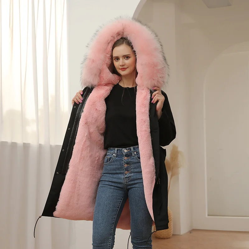 

2021 waterproof Long Parka Winter rabbit Jacket Women black Natural Raccoon Fur Collar Hooded Coat Detachable Fashion Streetwear