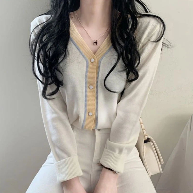 Милый мягкий однобортный Вязаный Кардиган с длинным рукавом и V образным вырезом