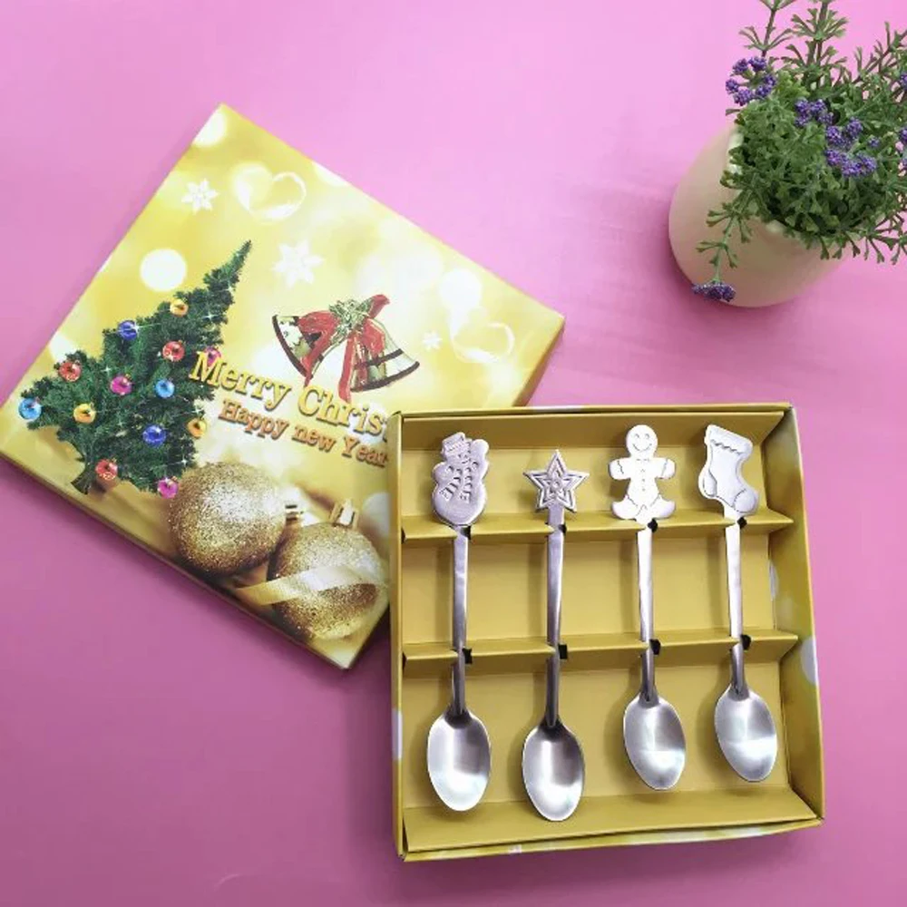 4pcs 4 шт. рождественский стиль чайная ложка рождественские столовые приборы украшения аксессуары из нержавеющей стали кофейная десертная ложка для мороженого - Цвет: 4pcs