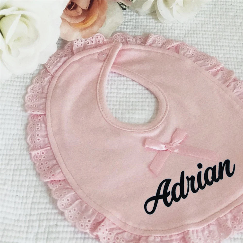 Toalla de dormir personalizada para ni&ntilde;os peque&ntilde;os, Baberos para Saliva, nombre personalizado, regalos de fiesta de Baby Shower, toallas de encaje con lazo-3