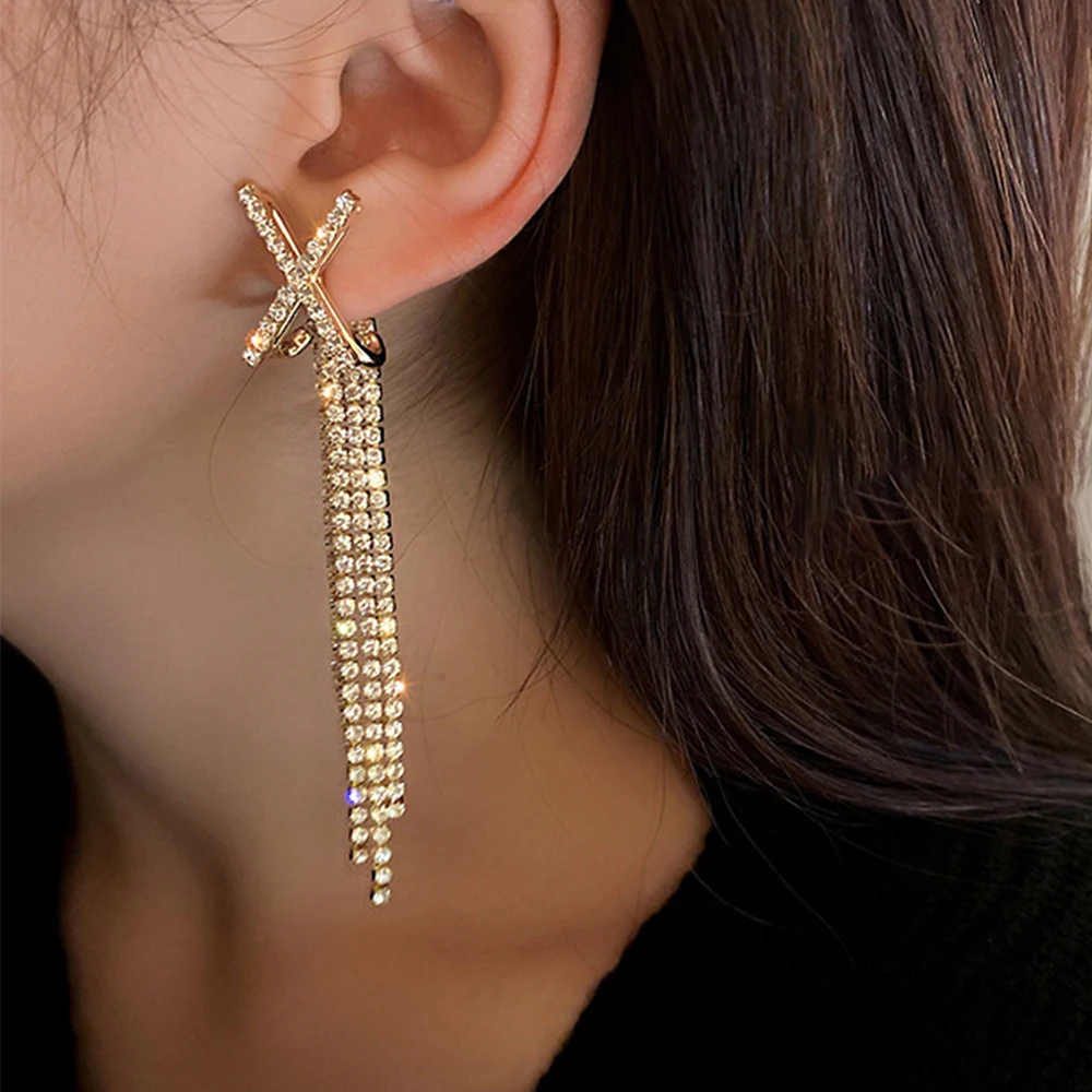 

Vintage X-shaped Long Tassel Full Rhinestone Drop Earrings For Women Gold Color High Quality Earring Fashion Party Jewelry Gifts