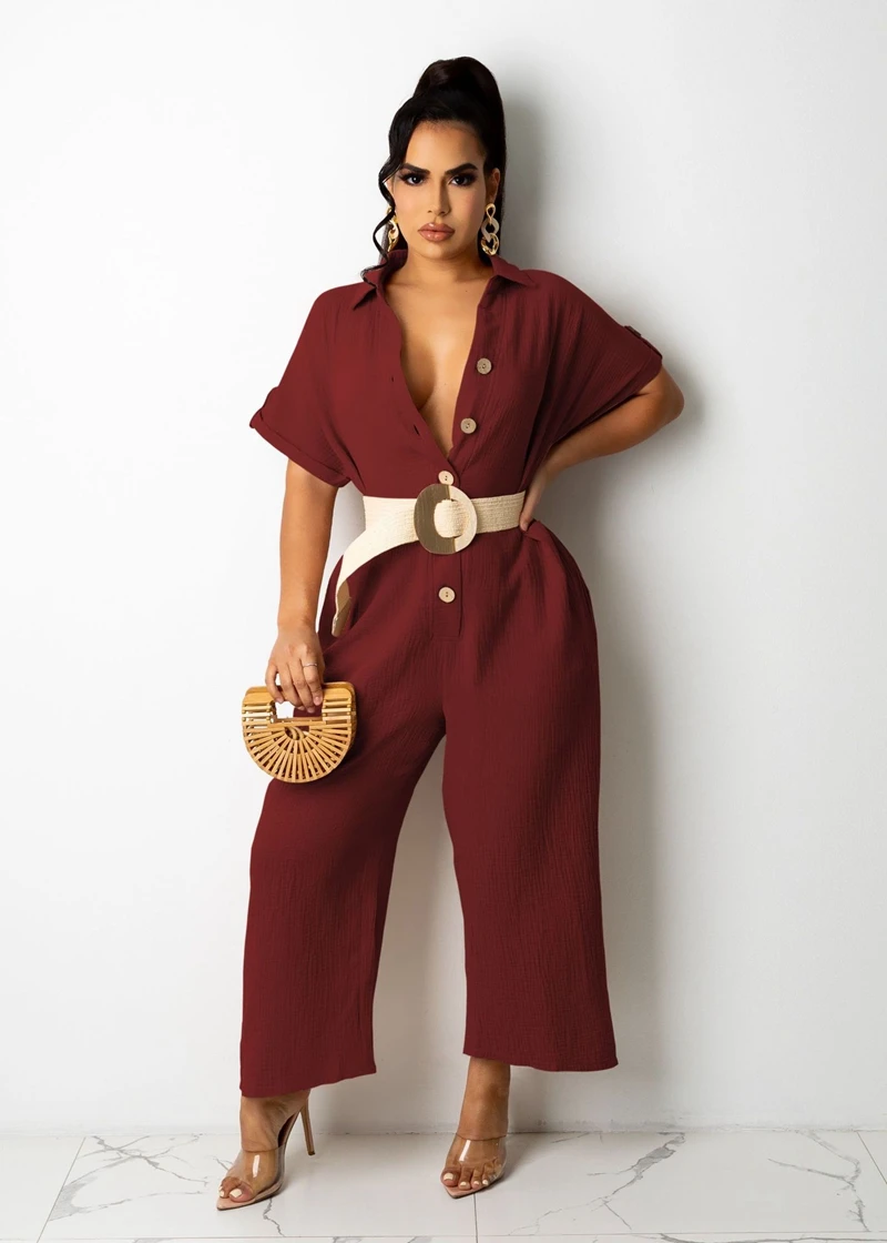 STYLISH LADY Front Button Rompers and Jumpsuits 2021 Autumn Women Short Sleeve Turn Down Collar Casual Loose Street Jumpsuits