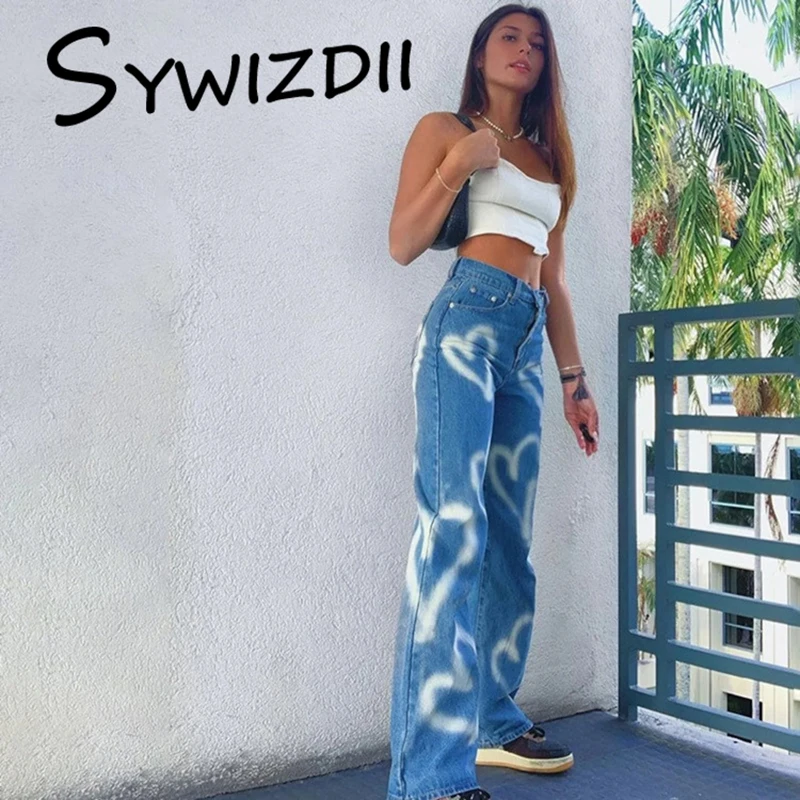 

Винтажные мешковатые джинсы SYWIZDII с принтом сердечек Y2k, свободные брюки с высокой талией в стиле Харадзюку, брюки в стиле 90-х, джинсы для мам, ...