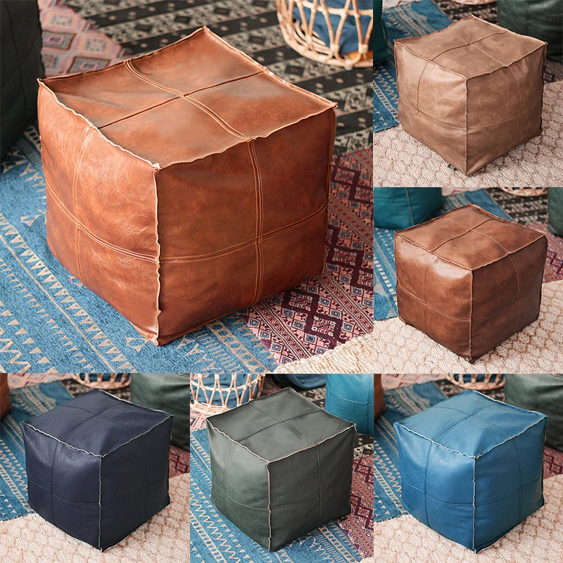 45cm Moroccan Artificial PU Leather Pouf Cover Craft Simple Sofa Ottoman Footstool Unstuffed Living Room Bedroom Cushion Covers images - 6