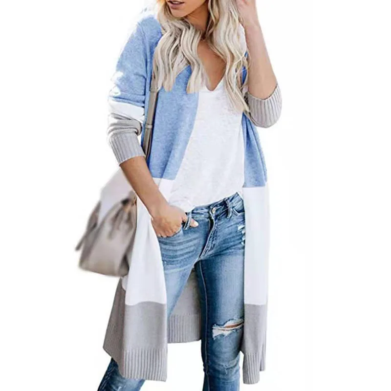 Autumn and winter casual long-sleeved three-color stitching cardigan women's clothing |