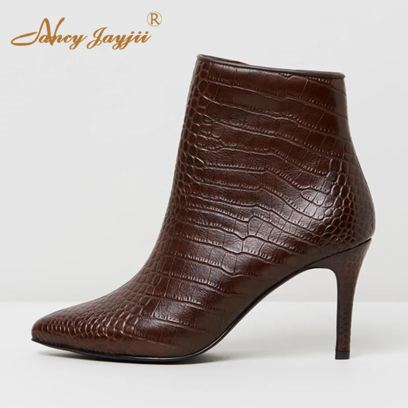 

Nancyjayjii Burgundy Snakeskin Ankle Boots Pointed Toe Super Stiletto Heel Winter Short Booties For Women 2021 Zipper Warm Shoes