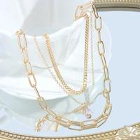 flatfoosie fashion multi layer metal chain necklace for women simple gold color crystal stone pendant necklace 2021 jewelry gift