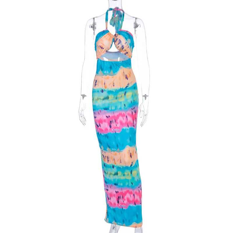 

Colorful Halter Lace Up Backless Bra Sexy Maxi Dress Summer Hot Style Model European and American Women Outfits