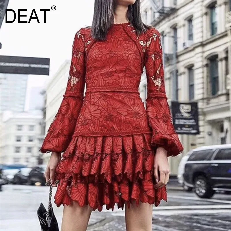 Женское кружевное платье мини DEAT лоскутное с длинными рукавами и круглым вырезом