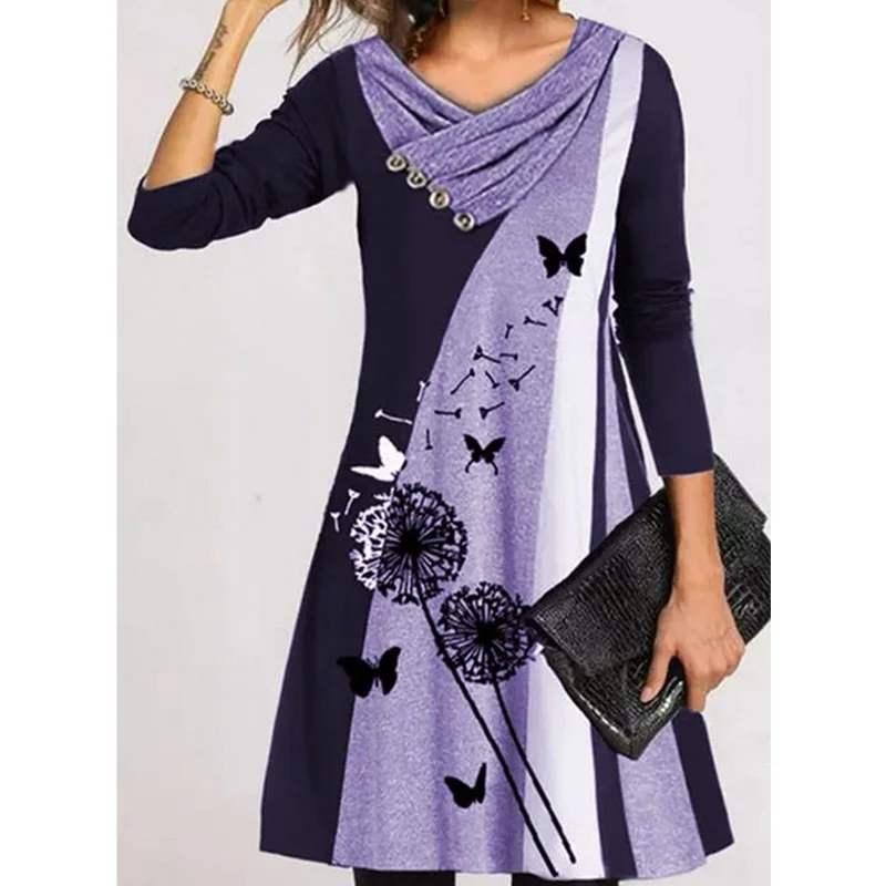 

Autumn and Winter Women Fashion Loose Print Button Double Collar Dress Undefined Dress for Women Bodycon Dress Dresses Women