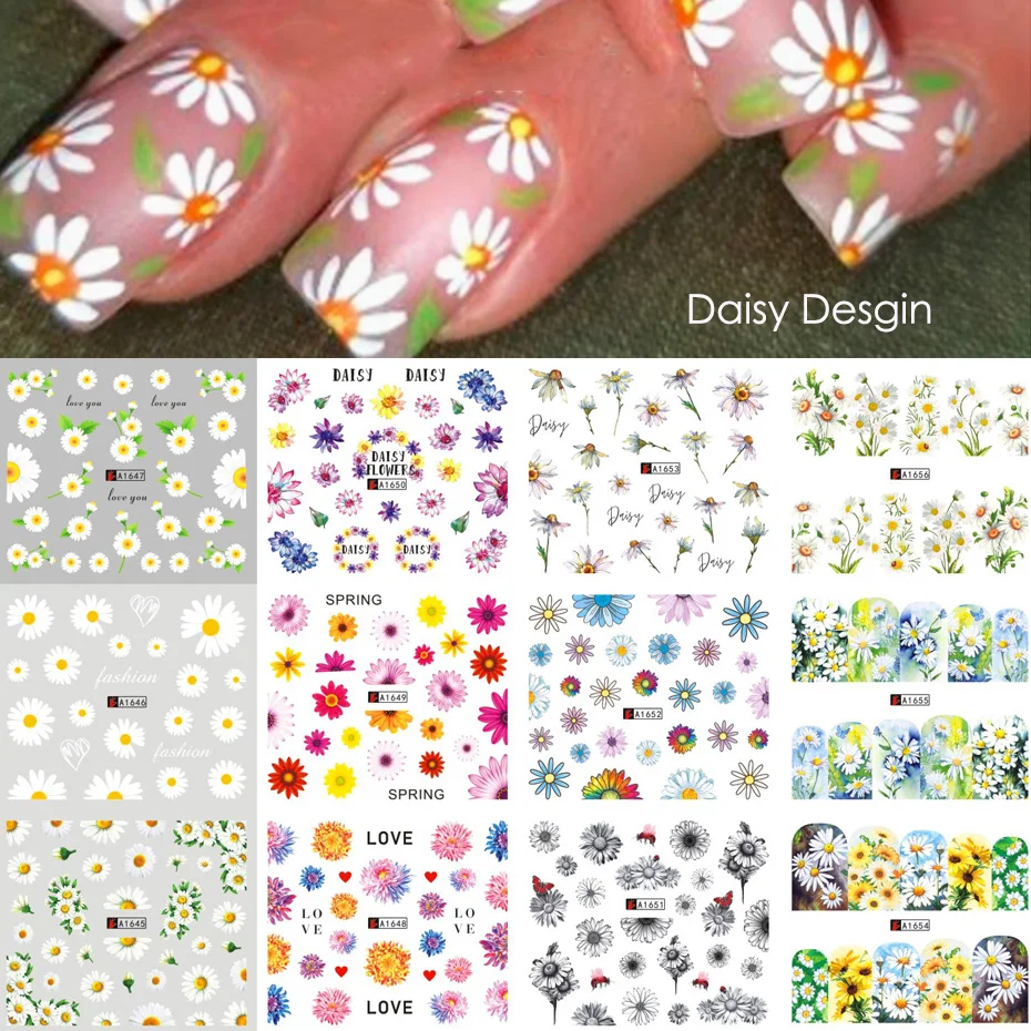 

12pcs Nail Art Slider Decals Daisy Flower Transfer Stickers Fruit Water Decals Tattoo Leaf Sliders For Nails Accesorios Manicure