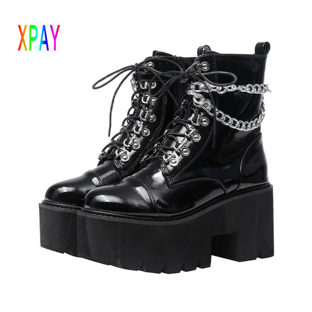 

Women's Gothic Ankle Boots Zipper Punk Style Platform Shoes Gothic Winter Lace-up Boots Thick Heel Sexy Chain Black Botas Mujer