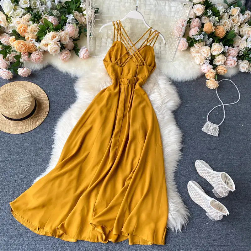 Женское летнее платье-трапеция LUOSHA на бретелях-спагетти с открытой спиной