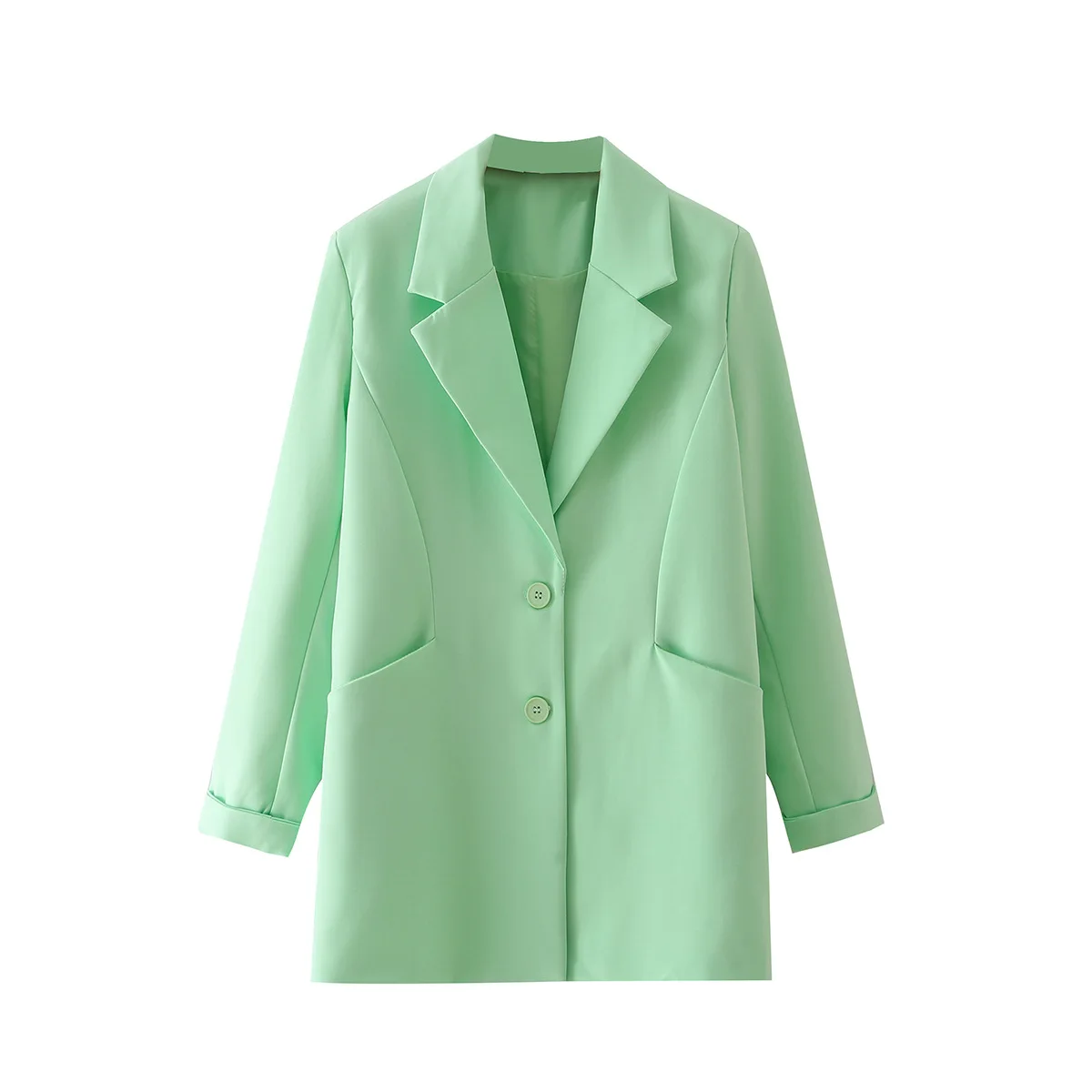 2021 Autumn Women Fashion Solid Color Roll Sleeve Single Breasted Blazers Coat Long Sleeve Pockets Female Outerwear Chic Tops