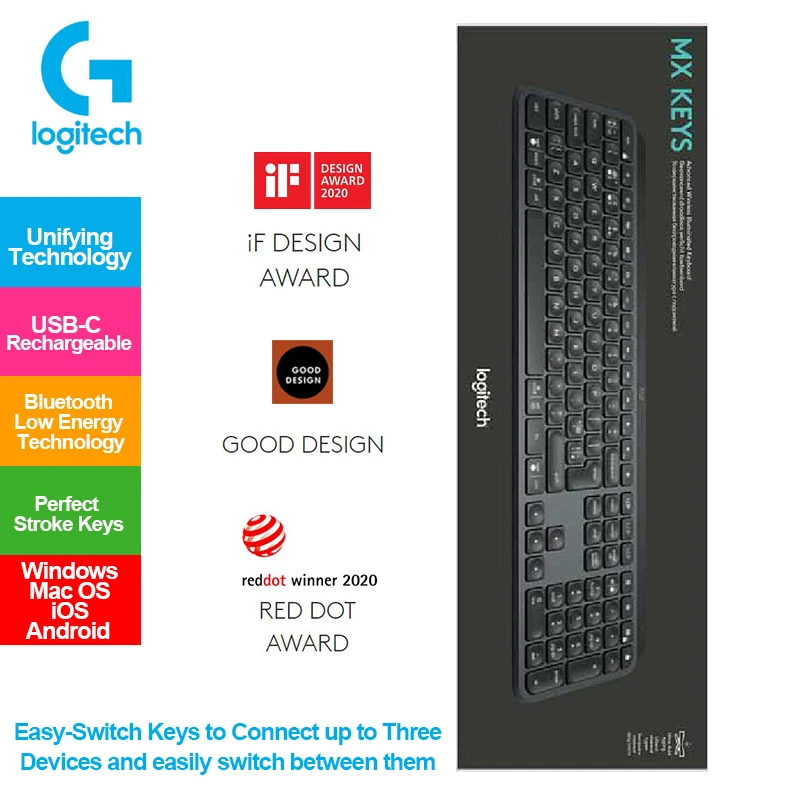 Оригинальная беспроводная клавиатура Logitech MX Keys Bluetooth 109 с подсветкой, двумя режимами, переключением и игровыми функциями.