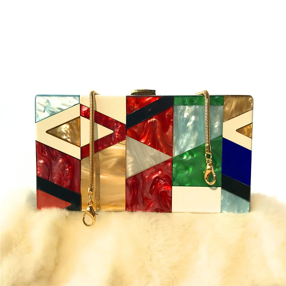 

Brand Fashion Designer Women New Acrylic Brown Beige Patchwork Evening Bag Luxury Party Handbag Woman Checkered Box Clutch Purse