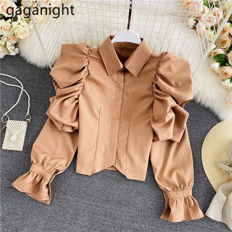 

Gaganight, женская рубашка, весна-осень 2021, новый стиль, элегантная однотонная короткая рубашка с буффами на рукавах, с отворотом, Женский Топ
