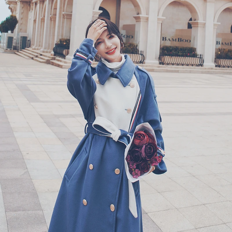 

Women Clothes Autumn Winter Contrast Color Splice Loose Long Woolen Coat with Belted Female Elegant Korean Windbreaker Overcoat