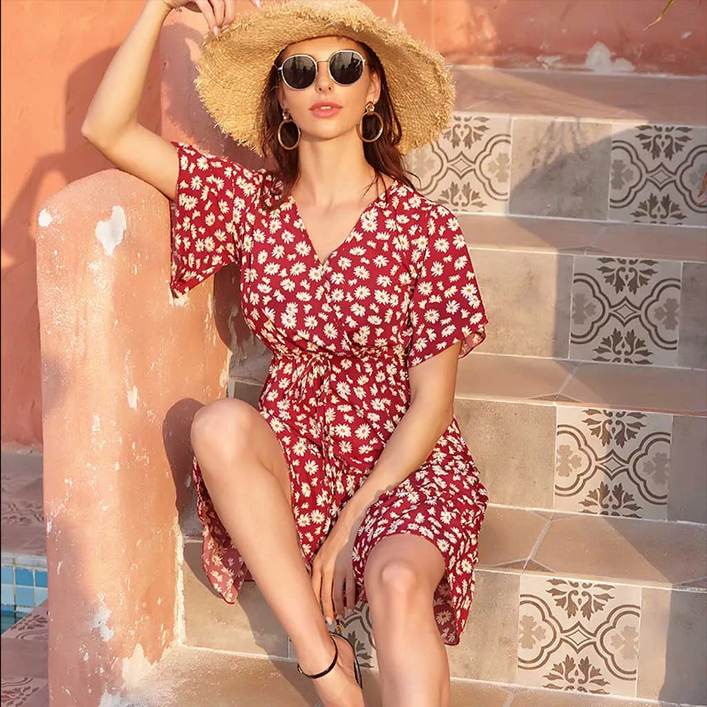 

Women Dresses Summer Sexy V Neck Floral Print Boho Beach Dress Ruffle Short Sleeve A Line Mini Dress Vestidos Robe Femme