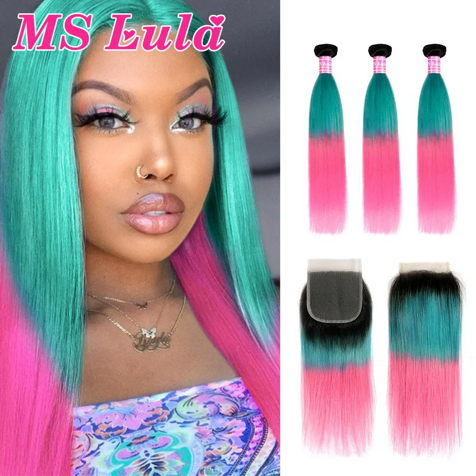 Бразильские прямые волосы 3 пряди с 4x4 застежка эффектом деграде (переход от