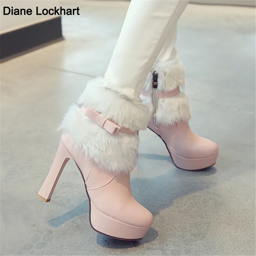 

2021 Winter Faux Fur Design High Heel Boots Sweet Bowtie Spike Heels Pink White Black Warm Woman Shoes Ankle Snow Boots Female