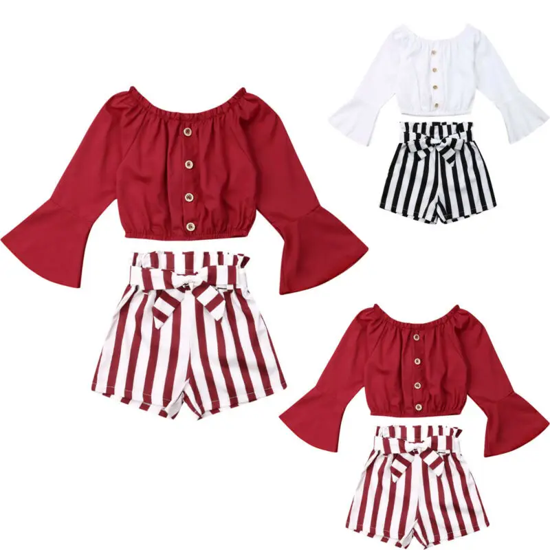 

2019 babygirls matching set Toddler Kids Flared Sleeve button T-shirt crop top Striped bow Short Pants autumn Outfit 1-5T