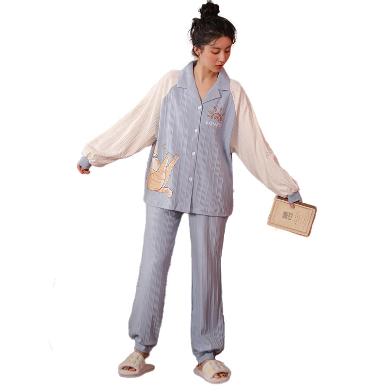 

Women's Pajamas Set Long-sleeved Cotton Sleepwear Spring And Autumn Pyjamas Cartoon Cat Print Sleepwear Femme Bule Homewear XXXL
