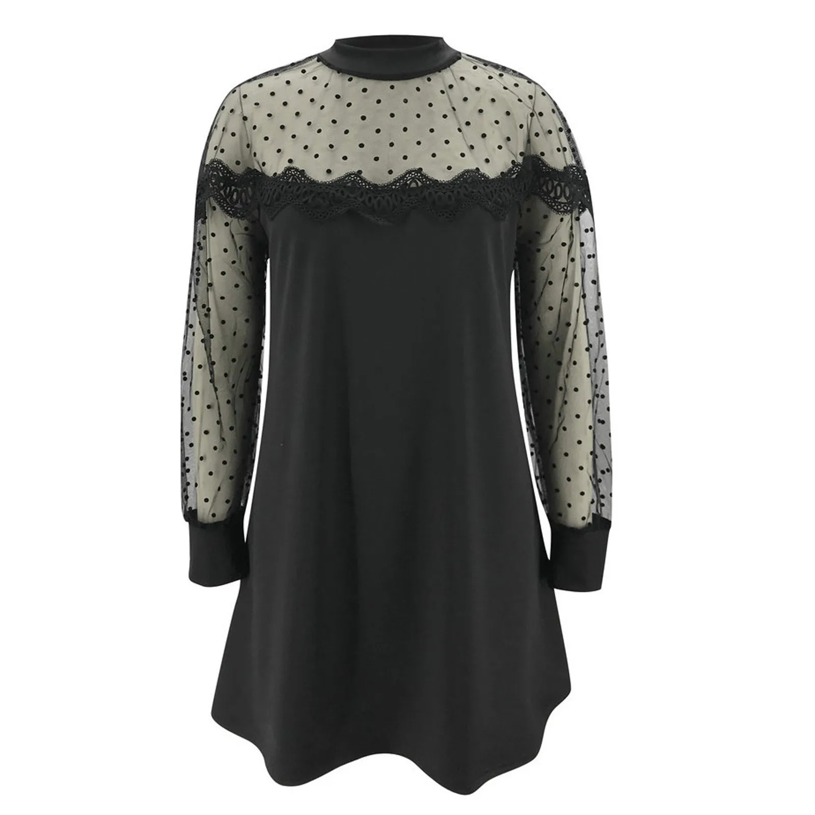 

Dresses For Women O-Neck Lace Splicing Long Sleeve Perspective Casual Sexy Slim Mini Dress