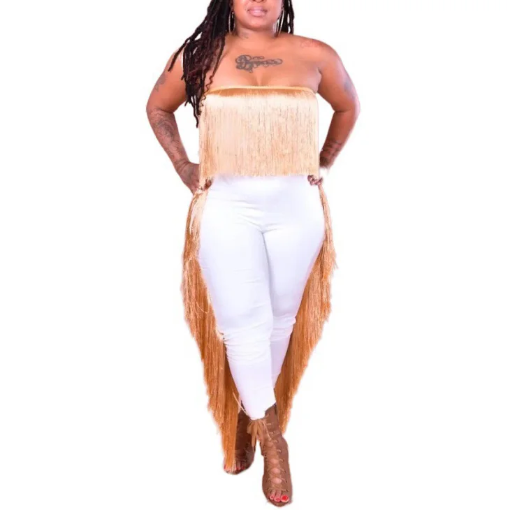 Conjuntos de ropa Sexy para mujer, Tops y juegos de pantalones largos, borla blanca, conjuntos sexys para Club nocturno, conjuntos de talla grande 2020