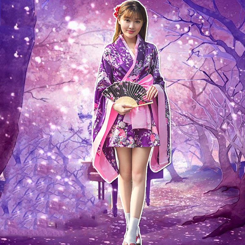 Кимоно в японском стиле юката с Obi Sexy Geisha мини костюмы для косплея Фиолетовый