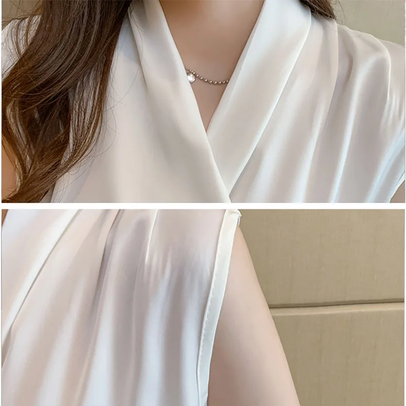 

2021 New summer Fashion Womens Tops Blouses Chiffon Hedging shirt Solid color Sleeveless temperament V-Neck Loose Women Shirts
