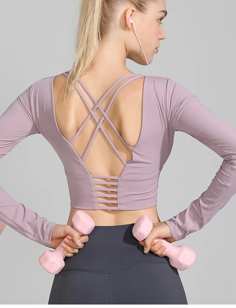 

Yoga Shirt Cross Back Fashion Sexy Sports Fitness Running Sports Shirt Push-Ups Sports T-Shirt Top Yoga Clothes Long Sleeves