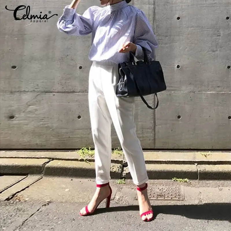 Celmia, женская элегантная офисная блуза, модные полосатые офисные рубашки для девушек, Осенние Летние повседневные свободные винтажные Блузы топа размера плюс