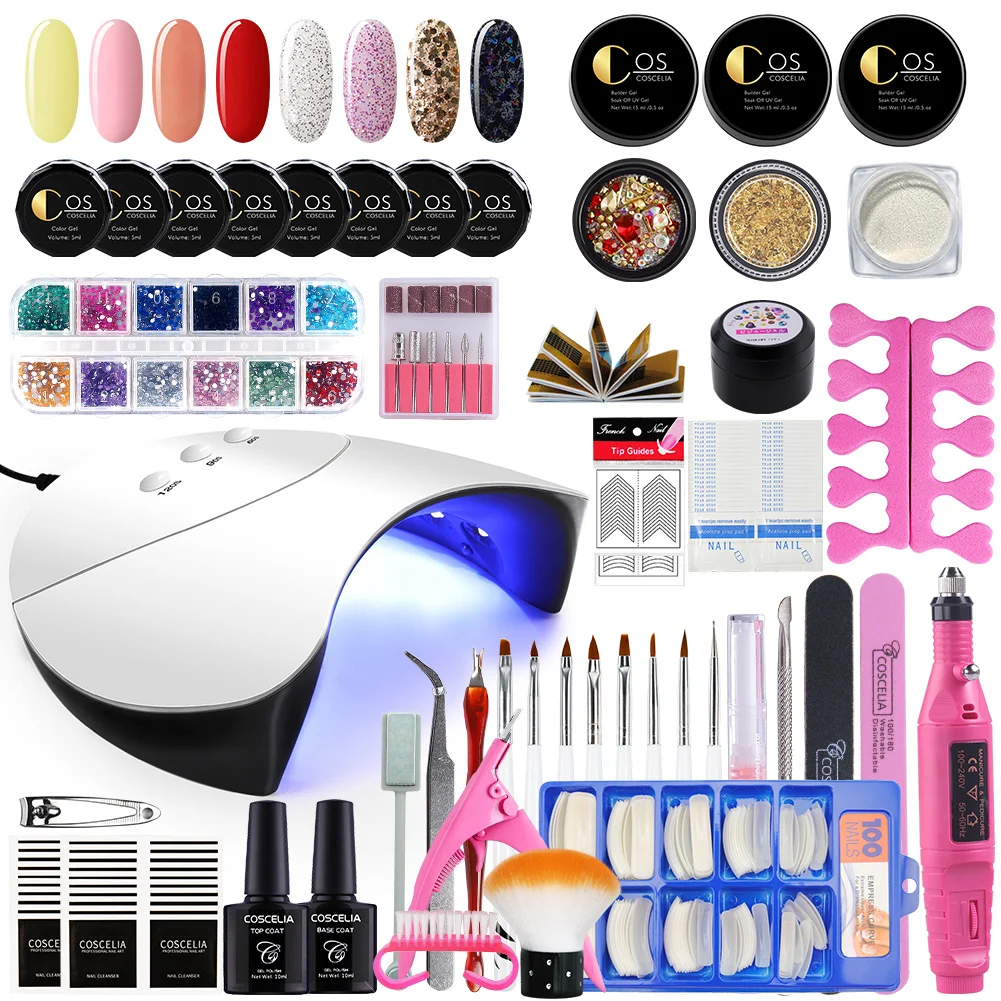 8 color Set 08 COSCELIA 36 Вт УФ-светодиодный светильник для сушки маникюра, гель для наращивания ногтей, дрель для ногтей, Гель-лак для ногтей, наборы для ногтей, верхнее Базовое покрытие, маникюрный набор - Цвет: 8 color Set 08