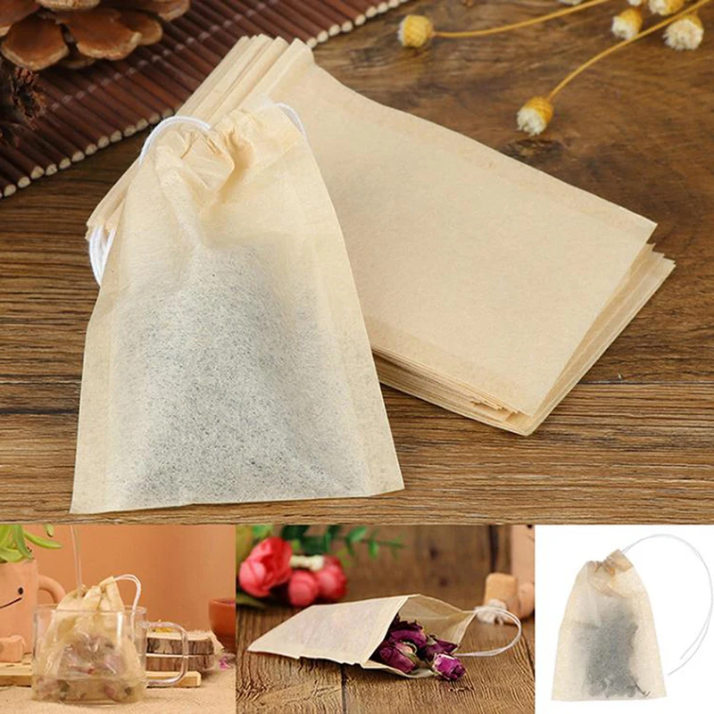 

100Pcs Tea Bag Filter Paper Bags Empty Drawstring Teabags For Herb Tea
