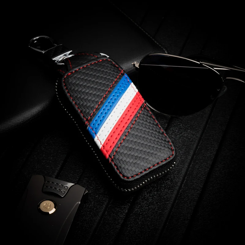 Чехол для ключей автомобиля из углеродного волокна и натуральной кожи на молнии