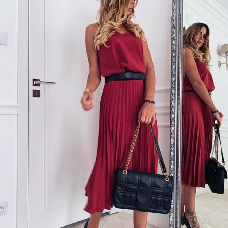 

Sexy V-neck Lady Pleated Dress Elegant Strap A-line Dresses For Female Office Loose Dress Solid Pink Summer Party Midi Dresses