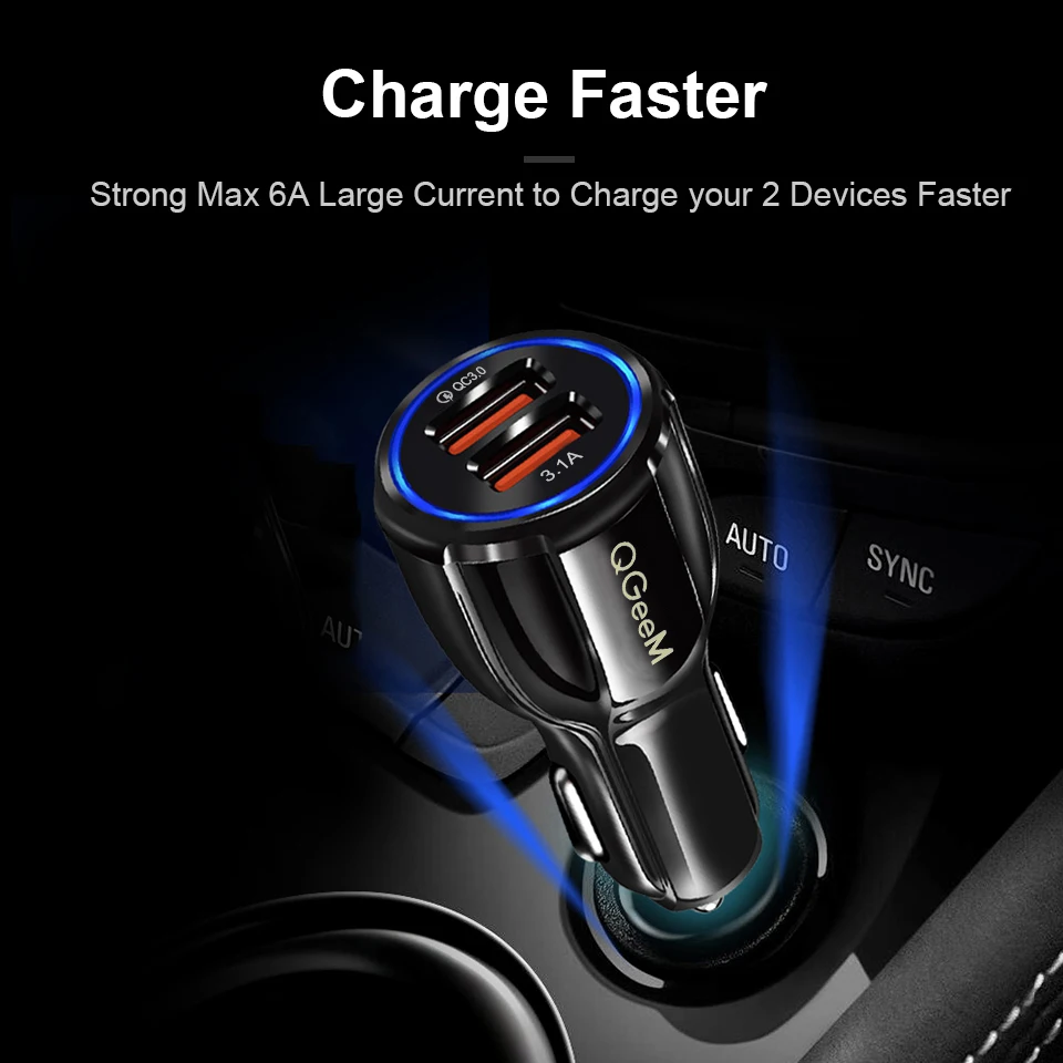 Автомобильное зарядное устройство QGEEM Dual USB QC 3,0, быстрая зарядка 3,0, автомобильное зарядное устройство, 2 порта, USB портативное зарядное устройство для iPhone Xiaomi