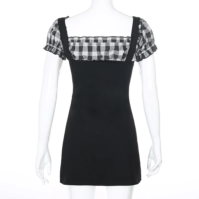 Пикантное повседневное клетчатое платье комбинация с открытыми плечами из двух