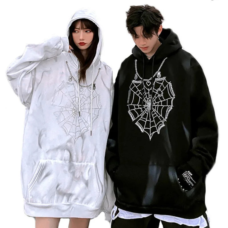 

Autumn Winter Women Gothic Cobweb Diamonds Hooded Sweatshirts Casual Spider Chain Necklace Hoodies Couple Matching Clothes