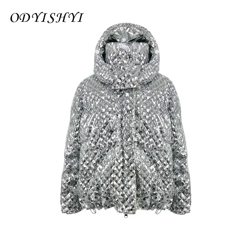 

Short Down Jacket Female 2020 Winter New Fashion Heavy Industry Full Body Sequins Hooded Loose White Duck Down Coat Women Parka
