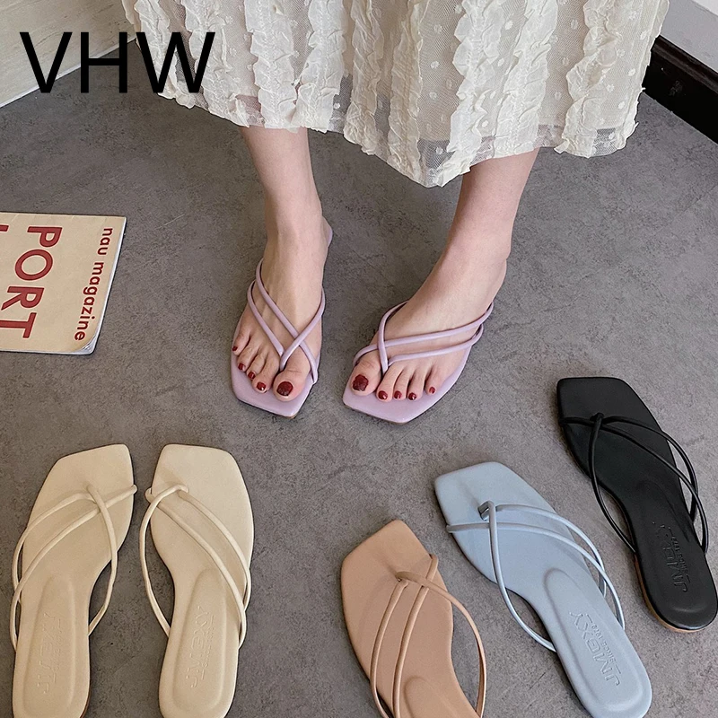

Women Sandals 2021 Summer Elegant Lady Slides Fashion Square Open Toe Flats Cross Narrow Band Casual Lightweight Female Slippers
