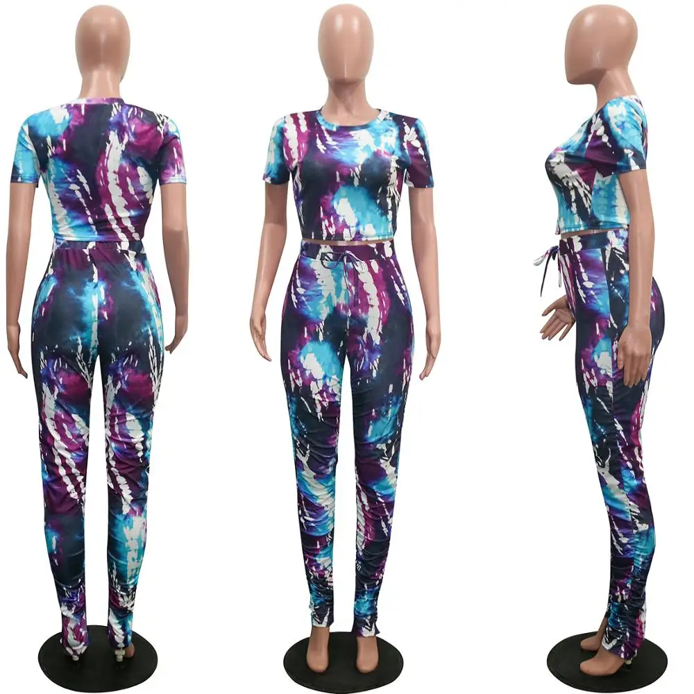 

European and American casual tie dye printing sports two piece fashion slim o-neck short sleeve T-shirt and pants women's suit