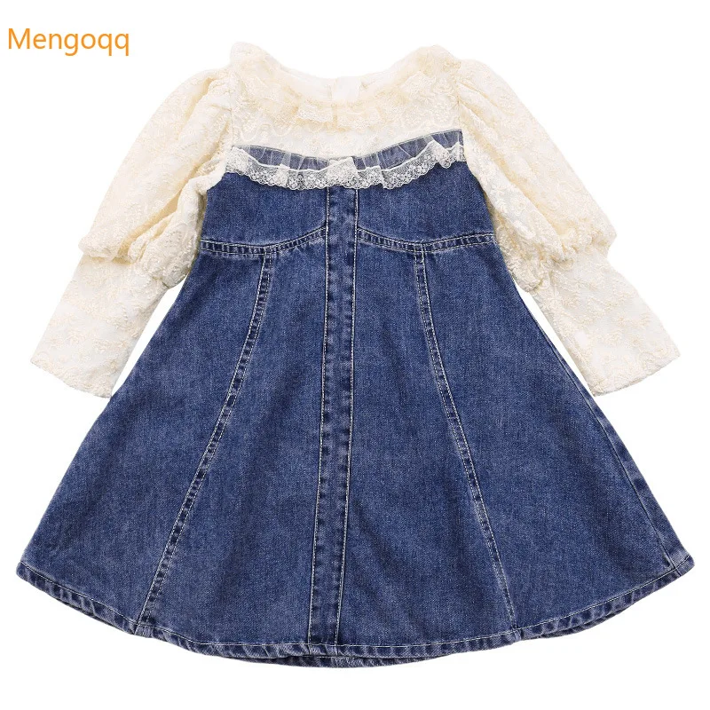 

Pretty Princess Autumn Patchwork Lace Denim Dress Toddler Children Fashion Clothes Kids Baby Girls Party Dresses 3-8Y