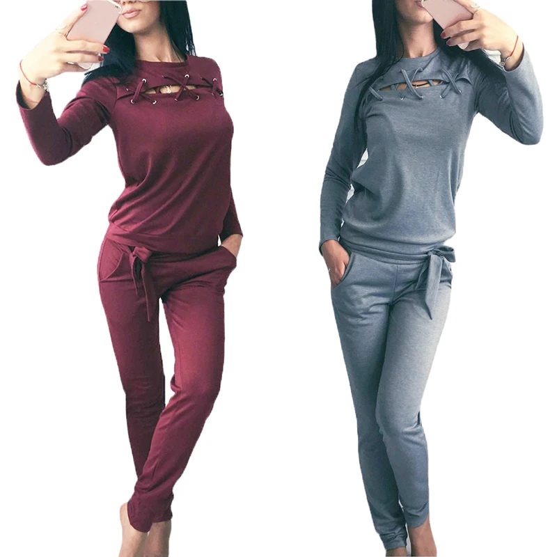 

Women Spring Autumn Casual Solid Fitness Set Long Sleeve Hoody Long Pants Women Tracksuit Sportswear
