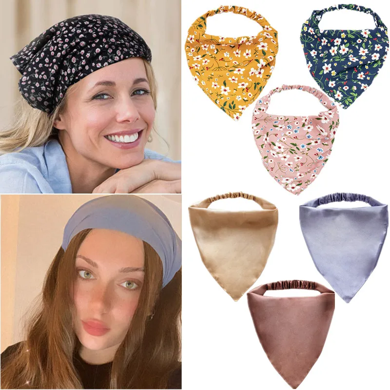 

19 Colors Women Elastic Floral Hair Scarf Headband Triangle Head Kerchief Satin Cotton Blend Fabric Hair Bandanas Accessories
