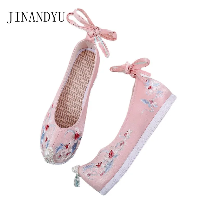 

Hidden Wedges Women Comfort Cotton Hanfu Shoes Ankle Strap Ladies Costume Platforms Chinese Style Embroidery Shoes White Pink
