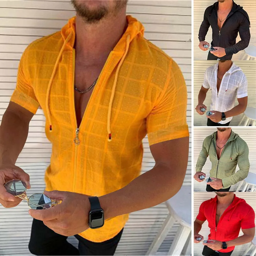 

Summer Beach Mens Hooded Short Sleeve Shirts With Zipper Casual Homme Slim Fit T Shirts For Man Streetwear Solid Color Blouse
